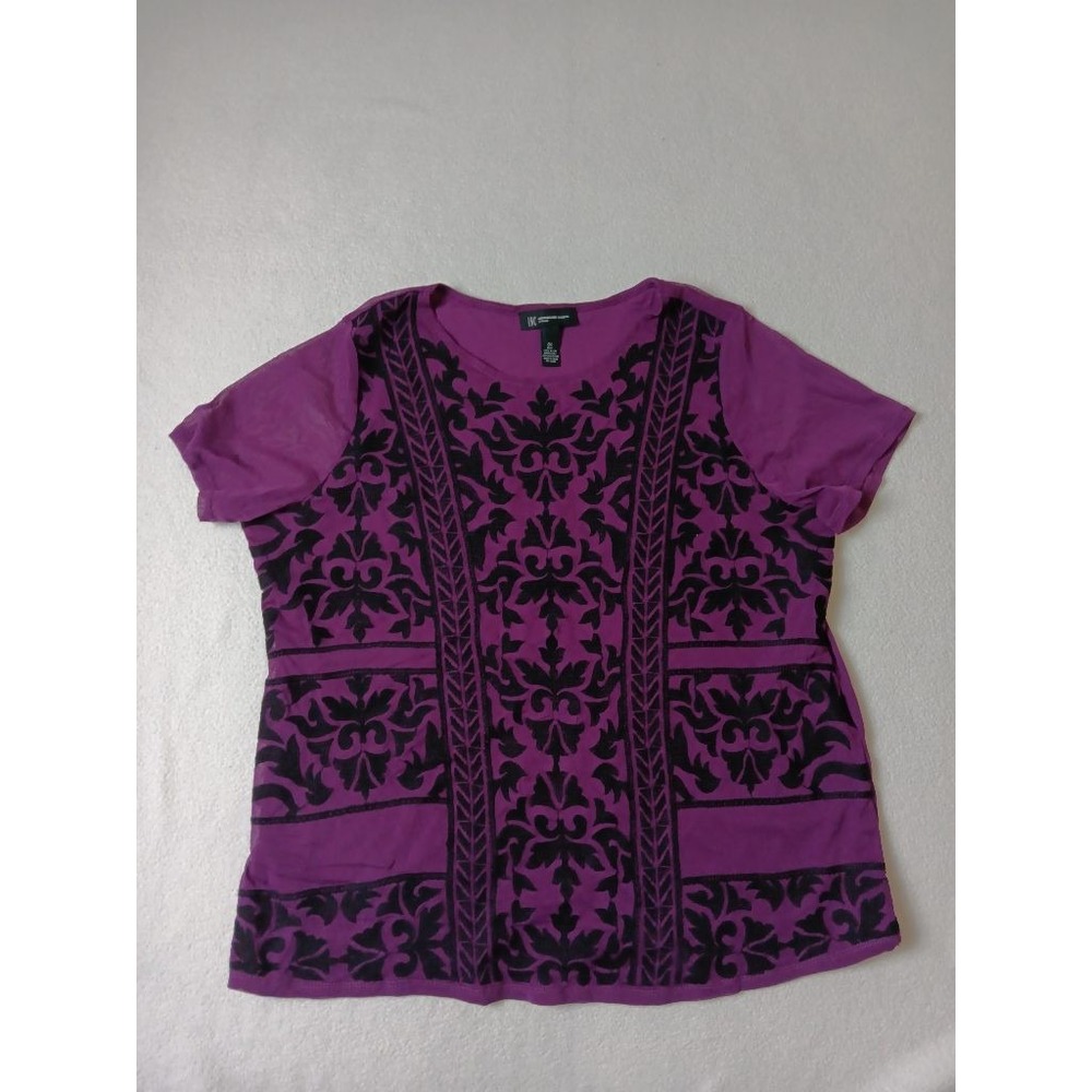 INC International Concepts Purple Black Damask Embroidered Top Plus 0X